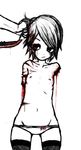  amputee blood fishnets flat_chest guro highres indifferent knife male_hand monochrome mutilation nipples not_amused panties simple_background thighhighs topless underwear wabaki wabaki88 white_background 