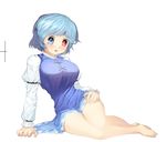  bare_legs barefoot blue_eyes blue_hair blush breasts danbo_(rock_clime) full_body hand_on_hip heterochromia large_breasts legs long_sleeves open_mouth red_eyes short_hair simple_background skirt solo tatara_kogasa touhou white_background 