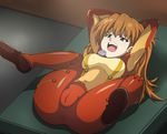  1girl arms_up ass black_eyes breasts brown_hair cameltoe feet highres legs legs_up long_hair looking_down lying navel neon_genesis_evangelion on_back open_mouth plugsuit solo soryu_asuka_langley spread_legs table test_plugsuit thighs 