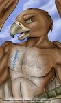  arrow-quivershaft arrow_quivershaft avian beak body_markings brown_feathers chest cloud clouds gryphon looking_at_viewer male markings muscles nude open_mouth pecs sky solo tongue traci_vermeesch ulariogryphon watermark wings yellow_eyes 