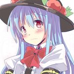  blue_hair blush fa_no_hito food fruit hat heart heart-shaped_pupils hinanawi_tenshi long_hair looking_at_viewer nagae_iku peach red_eyes solo symbol-shaped_pupils touhou upper_body wavy_mouth when_you_see_it yakumo_yukari 