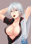  arms_up breasts food fruit genderswap genderswap_(mtf) gintama large_breasts looking_at_viewer sakata_ginko sakata_gintoki short_hair simple_background solo strawberry tsuki_sora 