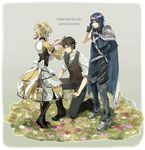  2boys alternate_costume blonde_hair blue_eyes blue_hair boots brown_hair cape fire_emblem fire_emblem:_kakusei flower frederik_(fire_emblem) gloves krom liz_(fire_emblem) machch multiple_boys smile 