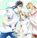  2boys ahoge artoria_pendragon_(all) black_hair blonde_hair fate/zero fate_(series) gilgamesh green_eyes gym_uniform hachimaki headband lancer_(fate/zero) mole mole_under_eye multiple_boys rayca01 red_eyes saber yellow_eyes 