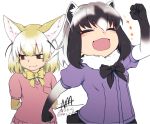  2girls animal_ear_fluff animal_ears arms_behind_back blonde_hair blush bow bowtie commentary_request common_raccoon_(kemono_friends) elbow_gloves eyebrows_visible_through_hair eyes_closed fennec_(kemono_friends) fox_ears fur_collar gloves grey_hair hand_up kemono_friends multicolored_hair multiple_girls nmz_(namazu) open_mouth pleated_skirt puffy_short_sleeves puffy_sleeves raccoon_ears short_hair short_sleeves skirt smile upper_body 