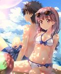  1girl ball bare_shoulders beach beachball bikini black_hair blue_eyes blue_sky breasts cleavage cloud dappled_sunlight day dutch_angle eyewear_on_head groin highres kamijou_touma long_hair looking_at_viewer looking_back male_swimwear medium_breasts meigo_arisa navel outdoors pink_eyes pink_hair shorts sitting sky smile sunglasses sunlight swim_trunks swimsuit swimwear to_aru_majutsu_no_index to_aru_majutsu_no_index:_endymion_no_kiseki tree_shade underboob wariza yuuri_nayuta 