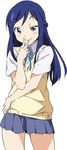  blue_eyes blue_hair cosplay dokidoki!_precure half_updo hishikawa_rikka k-on! kotobuki_minako long_hair precure sakuragaoka_high_school_uniform school_uniform seiyuu_connection smile solo sweater_vest umanosuke white_background 