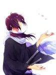  colorized hakuouki_shinsengumi_kitan long_hair male_focus profile purple_hair saitou_hajime_(hakuouki) simple_background solo sword weapon white_background yamazaki_nanahachi 
