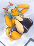  aisyah_zaskia_harnny anthro big_breasts breasts clothed clothing dragon female hair harnny horn huge_breasts looking_at_viewer shower smile solo standing swimsuit thick_thighs voluptuous 