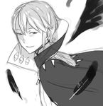  cloak eyeball feathers fire_emblem fire_emblem:_kakusei greyscale hair_between_eyes henry_(fire_emblem) kozaki_yuusuke looking_at_viewer male_focus monochrome official_art open_eyes parted_lips shaded_face sketch solo white_background wind 