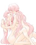  aino_yumeri gasai_yuno hand_on_another's_face long_hair mirai_nikki multiple_girls nude open_mouth pink_hair selfcest simple_background very_long_hair white_background yuri 