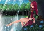  bare_legs barefoot boots boots_removed feet flower green_eyes kamome_yuu legs long_hair nature original red_hair shoes_removed sitting skirt skirt_lift smile soaking_feet solo tree vest water waterfall 