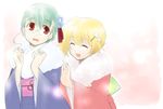  aino_yumeri blonde_hair closed_eyes copyright_request flower glasses green_hair hair_flower hair_ornament highres japanese_clothes kimono multiple_girls open_mouth red_eyes short_hair smile 