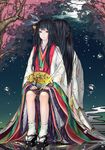  bad_id bad_pixiv_id black_eyes black_hair braid cherry_blossoms fan hair_ornament highres japanese_clothes kimono layered_clothing layered_kimono legs long_hair nizuma original sandals solo tabi very_long_hair 