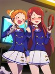  aikatsu! aikatsu!_(series) arisugawa_otome arm_hug blush closed_eyes embarrassed happy highres indoors karaoke long_hair microphone monitor multiple_girls open_mouth orange_hair red_hair school_uniform shibuki_ran short_hair smile standing starlight_academy_uniform tonbi 