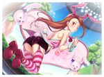  animal_ears ass bare_shoulders blush brown_hair bunny bunny_ears bunny_girl bunny_tail fake_animal_ears garter_straps idolmaster idolmaster_(classic) long_hair looking_at_viewer looking_back minase_iori nanaran necktie one_eye_closed pink_eyes pink_legwear shorts solo striped striped_legwear tail thighhighs wrist_cuffs 