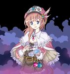  :d atelier_(series) atelier_rorona bangs belt belt_buckle black_background blue_eyes blunt_bangs breasts brooch brown_dress brown_hair buckle buttons capelet cleavage cloud dress feathers food frilled_sleeves frills gem hat hat_feather high-waist_skirt holding holding_spoon jewelry long_hair long_sleeves looking_at_viewer necklace open_mouth pendant pink_hat rororina_fryxell ruu_(tksymkw) shaded_face simple_background skirt sleeve_cuffs small_breasts smile solo spoon tareme white_capelet wing_collar yogurt 