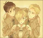  2boys annie_leonhardt bad_id bad_pixiv_id bertolt_hoover black_hair blonde_hair blush emblem green_eyes jacket multiple_boys p-suke paradis_military_uniform ponytail reiner_braun shingeki_no_kyojin short_hair training_corps_(emblem) 