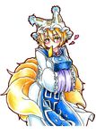  absurdres aburaage blonde_hair blush breasts food fox_tail gokuu_(acoloredpencil) hands_in_opposite_sleeves hat heart highres large_breasts long_sleeves mouth_hold multiple_tails short_hair slit_pupils solo tabard tail touhou traditional_media tsurime wide_sleeves yakumo_ran yellow_eyes 