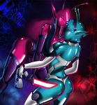  2013 abstract_background alien antennae black_sclera breast_squish breasts butt collar dclzexon elbow_gloves eye_contact female gloves glowing gun hair_over_eye legwear lesbian long_tongue looking_at_viewer looking_back not_furry pistol pointy_ears purple_eyes purple_skin ranged_weapon saliva sci-fi shiny side_boob standing sword teal_skin thigh_highs tongue tongue_out trials_in_tainted_space weapon 