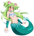  1girl bandeau bangs blush clam collarbone front-tie_top green_hair hair_between_eyes hair_ornament jewelry long_hair mermaid monster_girl muromi-san namiuchigiwa_no_muromi-san navel necklace open_mouth pearl_necklace red_eyes scales seashell shell shell_hair_ornament simple_background solo twintails two_side_up white_background 