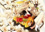  animal_ears blonde_hair blue_eyes boots bow_(instrument) cat_ears cropped_jacket dress flower gaha haegeum hanbok instrument korean_clothes long_hair music playing_instrument rope seeu sitting solo strapless strapless_dress swing tassel two_side_up vocaloid 
