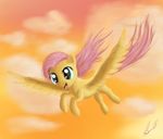  cloud clouds equine evening feathers female feral fluttershy_(mlp) flying friendship_is_magic fur hair horse long_hair looking_at_viewer mammal miokomata my_little_pony open_mouth outside pegasus pink_hair pony signature sky smile solo tongue wings yellow_fur 
