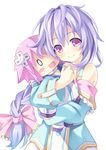  1girl :d bad_id bad_pixiv_id blush blush_stickers bow braid character_doll collar d-pad d-pad_hair_ornament doll doll_hug hair_bow hair_ornament hug kami_jigen_game_neptune_v kinta_(distortion) long_hair neptune_(choujigen_game_neptune) neptune_(series) open_mouth purple_eyes purple_hair pururut ribbon simple_background smile white_background 