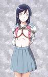  aragaki_ayase areola_slip areolae arms_behind_back bdsm black_hair blue_eyes bondage bound box_tie breast_bondage breasts censored convenient_censoring covered_nipples highres large_breasts long_hair navel open_clothes open_shirt ore_no_imouto_ga_konna_ni_kawaii_wake_ga_nai sakuraba_tsukasa school_uniform serafuku shirt smile solo standing 