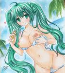  ahoge bad_id bad_pixiv_id bikini bikini_pull bracelet breasts censored day dutch_angle green_eyes green_hair hatsune_miku jewelry large_breasts long_hair lotion marker_(medium) navel nipples sakurai_ayane shikishi solo striped striped_bikini sunscreen swimsuit traditional_media twintails very_long_hair vocaloid water wet 