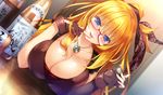  alcohol blonde_hair blue_eyes blush bottle breasts brown_gloves choko_(cup) cleavage cup drunk dutch_angle finger_to_mouth fingerless_gloves game_cg glasses gloves hair_ribbon hayakawa_harui head_tilt highres hirohara_honoka huge_breasts jewelry long_hair open_mouth pendant ponytail red-framed_eyewear ribbon sake sake_bottle shoujo_shin'iki_shoujo_tengoku smile solo suspenders table 