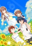  3girls azumawari_(azumofu) blue_eyes blue_hair brown_eyes brown_hair carrying child clannad closed_eyes dress family flower furukawa_nagisa girl_from_the_illusionary_world highres lens_flare long_hair multiple_girls okazaki_tomoya okazaki_ushio one_eye_closed orb sailor_dress school_uniform short_hair shoulder_carry sunflower 