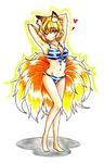  absurdres animal_ears armpits arms_up bikini blonde_hair blue_bikini breasts collarbone fox_ears fox_tail full_body gokuu_(acoloredpencil) groin heart highres looking_at_viewer medium_breasts multiple_tails navel one_eye_closed outline pose shadow short_hair smile solo striped striped_bikini swimsuit tail touhou traditional_media white_background yakumo_ran yellow_eyes 