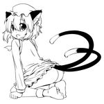 animal_ears ass bottomless cat_ears cat_tail chen earrings greyscale hair_between_eyes hat jewelry kneeling monochrome multiple_tails open_mouth short_hair sketch socks solo tail takami_ryou touhou 