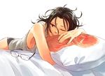  bare_shoulders black_hair brown_eyes colossal_titan dakimakura_(object) eyewear_removed glasses hange_zoe lottalove pillow shingeki_no_kyojin solo 