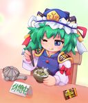  ;q armband bad_id bad_pixiv_id blue_eyes blush_stickers bowl chibi chopsticks epaulettes food gradient gradient_background green_hair hat hat_ribbon long_sleeves one_eye_closed ribbon shiki_eiki short_hair sign solo soup table teapot tongue tongue_out touhou vest zipang_(zip@ng_works) 