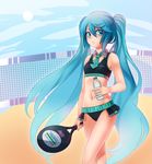  aqua_eyes aqua_hair bottle character_name collar familymart hatsune_miku highres long_hair midriff navel necktie racket racoon-kun solo sports_bikini tennis_racket twintails very_long_hair vocaloid water_bottle 