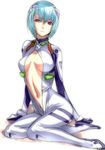  ayanami_rei bad_id bad_pixiv_id blue_hair bodysuit breasts center_opening dodai_shouji medium_breasts navel neon_genesis_evangelion plugsuit red_eyes short_hair simple_background sitting solo unzipped white_background white_bodysuit yokozuwari 