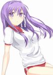  buruma clannad fujibayashi_kyou gym_uniform highres long_hair nakamori_(personant) purple_eyes purple_hair ribbon thighhighs 