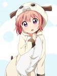  akaza_akari animal_costume blush dog_costume open_mouth pajamas purple_eyes red_hair short_hair solo tata_(tataice) yuru_yuri 