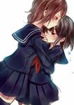  black_serafuku blush brown_hair hanekoto hug multiple_girls original school_uniform serafuku short_hair skirt tears yuri 