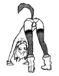  animal_ears boots cat_ears cat_tail fishnets flat_chest hands_reach_floor highres looking_at_viewer looking_back monochrome panties simple_background solo tail thighhighs underwear wabaki wabaki88 white_background 