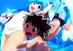  1boy 1girl aizawa_takeru blue_eyes cameltoe covered_nipples erect_nipples ikamusume kaburaya_seiden open_mouth shinryaku!_ikamusume swimsuit white_swimsuit 