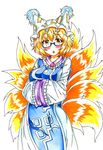  absurdres bespectacled blonde_hair blush breasts brown_eyes chestnut_mouth dress fox_tail glasses gokuu_(acoloredpencil) hands_in_opposite_sleeves hat highres large_breasts long_sleeves looking_at_viewer multiple_tails semi-rimless_eyewear short_hair solo tabard tail touhou traditional_media wide_sleeves yakumo_ran 