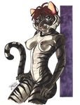  absurd_res anthro braids breasts cornrow feline female hi_res mammal nipples pink_nose pinup pose solo terrie_smith tiger traditional_media undressing 