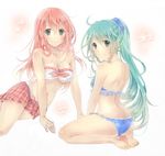  ahoge arm_support ass bandeau barefoot bikini blush breasts butt_crack cleavage frilled_bikini frills green_eyes green_hair hatsune_miku long_hair looking_at_viewer looking_back medium_breasts megurine_luka multiple_girls pink_hair ponytail project_diva_(series) project_diva_2nd seiza serino_itsuki sitting skirt smile swimsuit swimwear_(module) swimwear_b_(module) swimwear_p_(module) vocaloid 