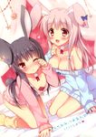  :&lt; :d absurdres all_fours animal_ears areola_slip areolae arm_support bare_shoulders bed black_hair blush bow breasts brown_eyes bunny_ears bunny_girl bunny_tail choker cleavage downblouse ear_ribbon fang finger_to_face hair_bow heart highres large_breasts long_hair loose_socks multiple_girls naked_sweater on_bed one_eye_closed open_mouth original pan_(mimi) pink_hair pink_legwear polka_dot polka_dot_legwear red_eyes ribbon rubbing_eyes sitting sleepy sleeves_past_wrists small_breasts smile socks star sweater tail very_long_hair yellow_legwear yokozuwari 