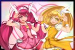  \m/ bike_shorts blonde_hair bow bowtie brooch choker cure_happy cure_peace hair_flaps hands_together head_wings heart hoshizora_miyuki jewelry kise_yayoi long_hair magical_girl multiple_girls pink_bow pink_choker pink_eyes pink_hair pink_neckwear pink_skirt precure shorts shorts_under_skirt sin_(moemaru) skirt smile smile_precure! tiara twintails wrist_cuffs yellow_bow yellow_eyes yellow_skirt 