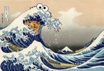  boat chocolate cookie cookie_monster crossover dessert food human humor inspired_by_proper_art japanese japanese_text katsushika_hokusai looking_at_viewer male mammal monster mount_fuji mountain outside sea sesame_street sky snow text the_great_wave unknown_artist water wave white_eyes 