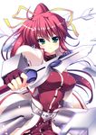  armor breasts fingerless_gloves gloves green_eyes hair_ribbon levantine long_hair long_sleeves lyrical_nanoha mahou_shoujo_lyrical_nanoha mahou_shoujo_lyrical_nanoha_a's medium_breasts pink_hair ponytail puffy_sleeves raiou ribbon signum solo sword weapon white_background 